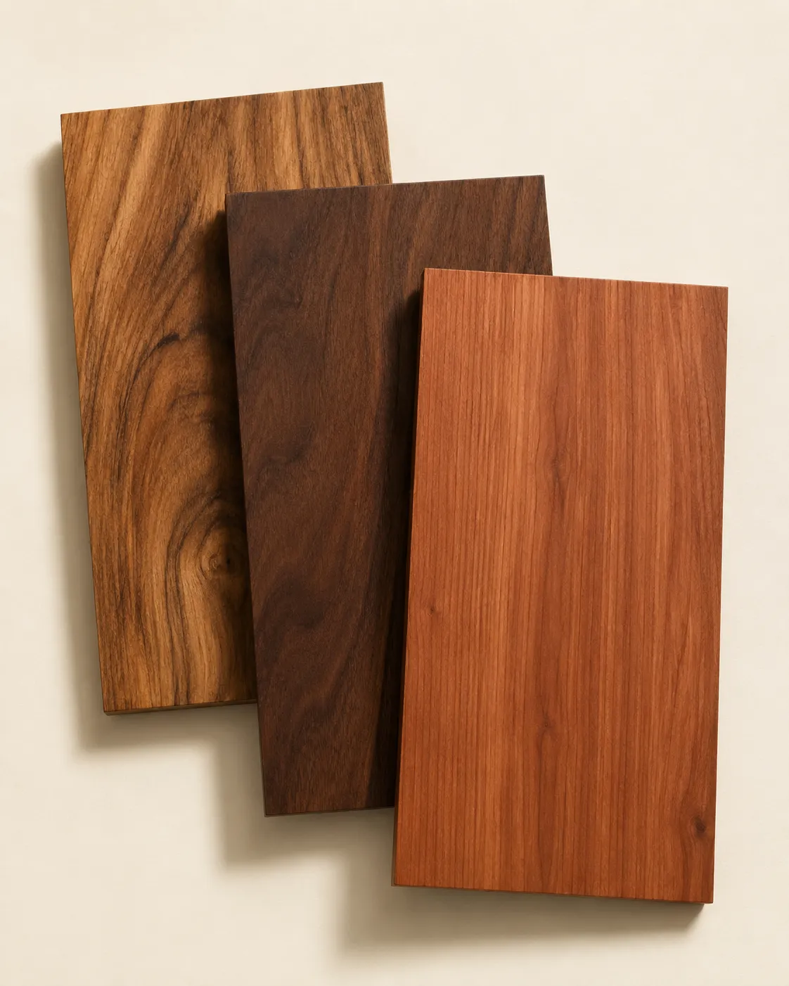 Tres muestras de madera traslapadas: parota, nogal y cedro rojo
