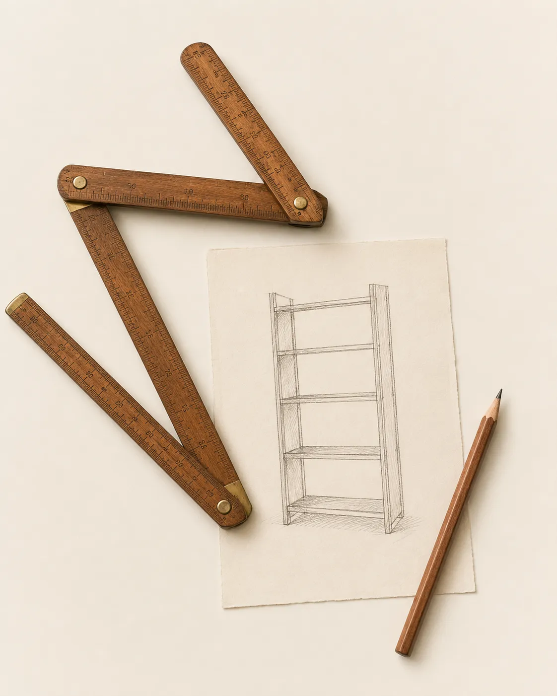 Metro plegable de madera, lápiz y un boceto de librero sobre papel