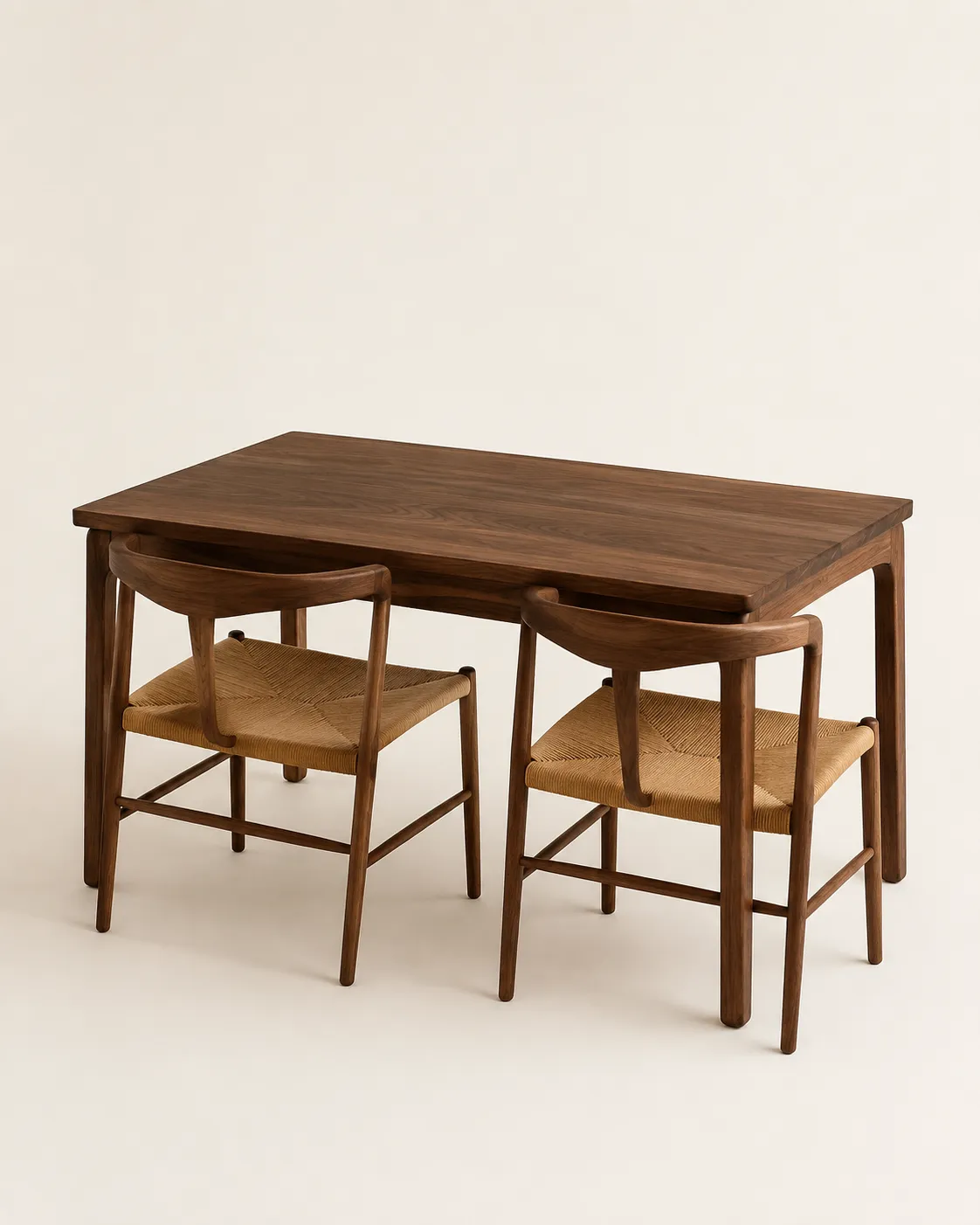 Mesa de comedor de nogal con dos sillas de asiento tejido, ya entregada